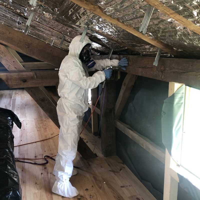 Technicien BDX Termites Langon en combinaison de protection traitant une poutre de charpente